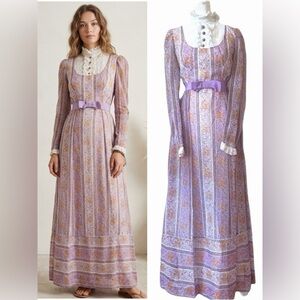 Vtg 70s Purple Psychedelic Floral Prairie Maxi Dress Lace Bib XS